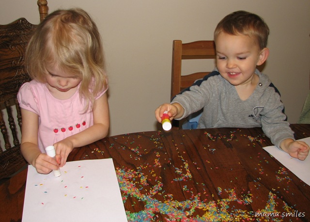 Kids love making rice collages! A bit messy but easy to clean up with a broom or vacuum.