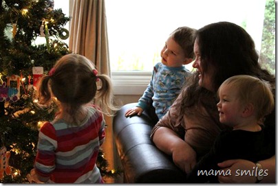 Emma, Johnny, and Lily admire the Christmas tree with my sister E