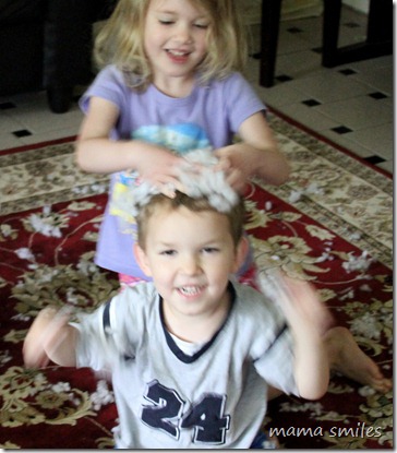 Emma "washes" Johnny's hair with polyester stuffing