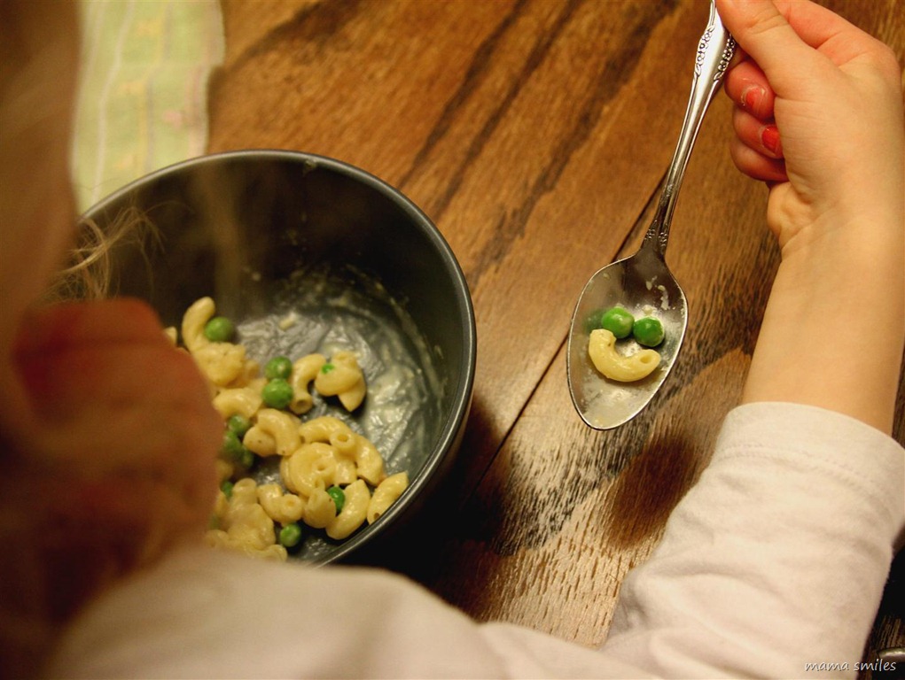 smiley face from peas and mac and cheese smiley face from peas and mac and cheese