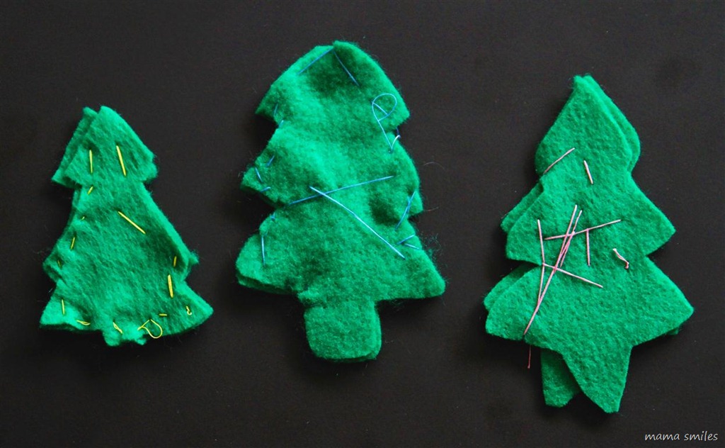 child-sewn Christmas tree ornaments