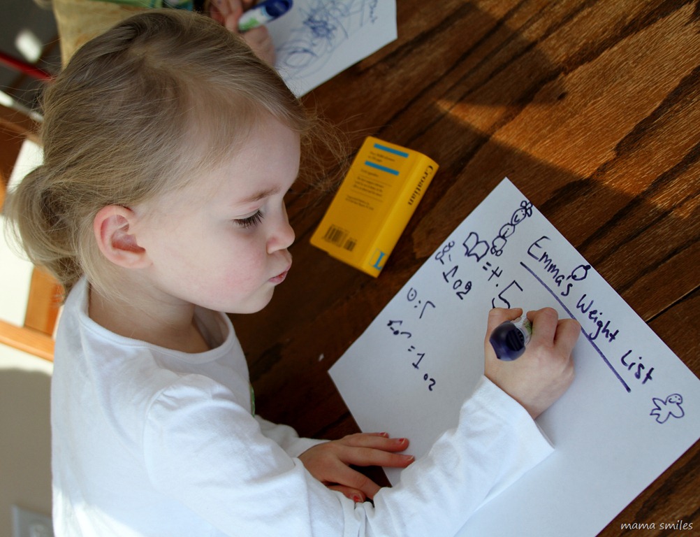 Great toddler and preschooler math and science activity: weigh different household items and record and compare data.