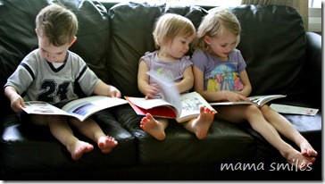 Emma, Johnny, and Lily read books on the couch