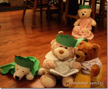 Homemade birthday crowns on stuffed bears