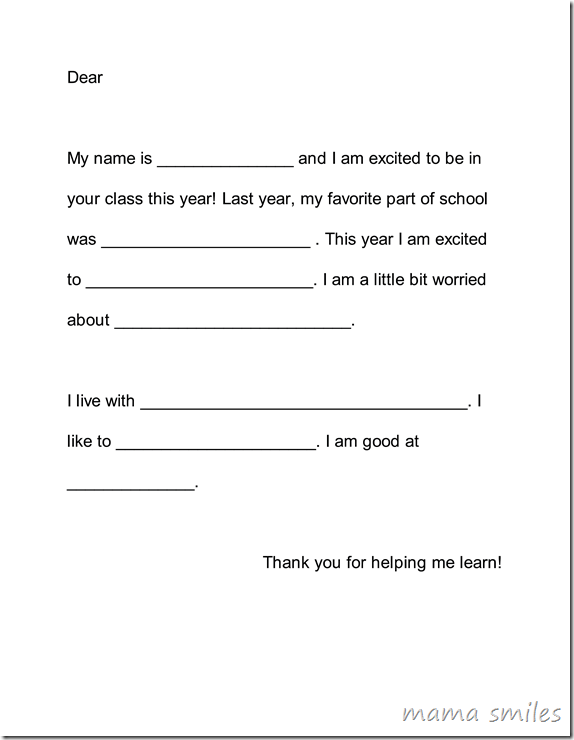 Free printable - back to school letter for kids to write to their new teachers.