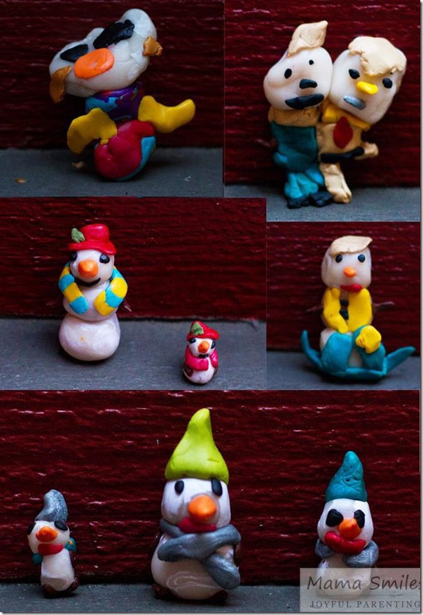 Polymer clay snowmen made by kids aged 3, 6, 7, and 9 years old.