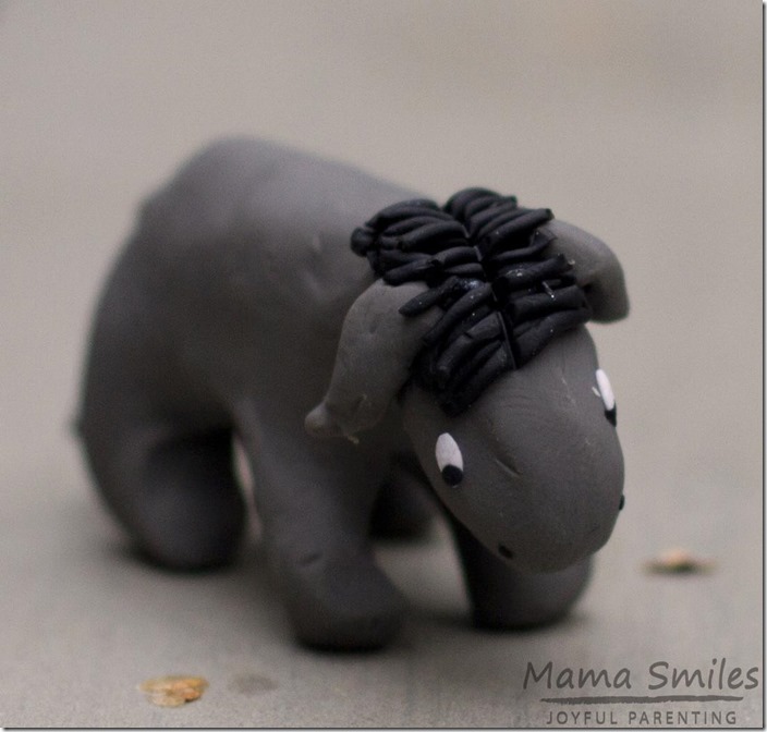 Polymer clay DIY Eeyore figurine.