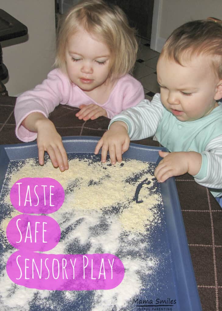 Babies and toddlers love sensory play, but they also eat EVERYTHING. This taste safe sensory play activity for babies and toddlers offers a low stress sensory play option for parents. #babies #toddlers #sensoryplay