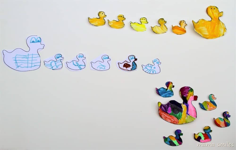 Five Little Ducks free printable coloring page, plus more nursery rhyme based activities for kids.