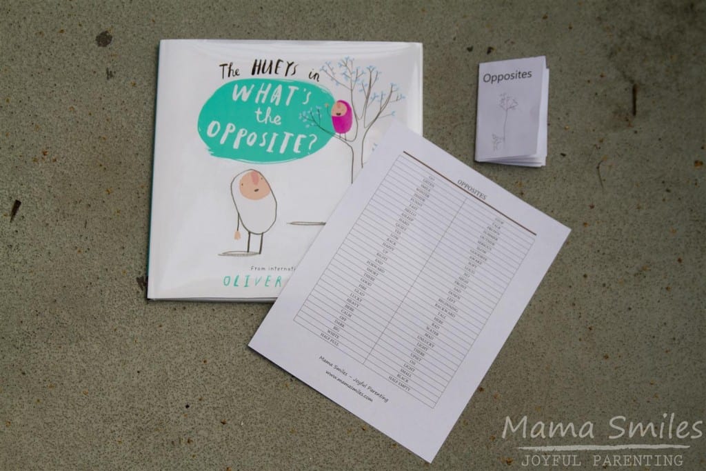 Fun ways for kids to learn about opposites. Post includes a free printable list of opposites as well as free book template printables.