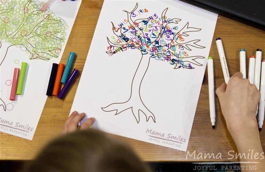 Spring tree Pi Day art for kids. Post includes a free printable that is perfect for Pi Day but also for all sorts of seasons projects!