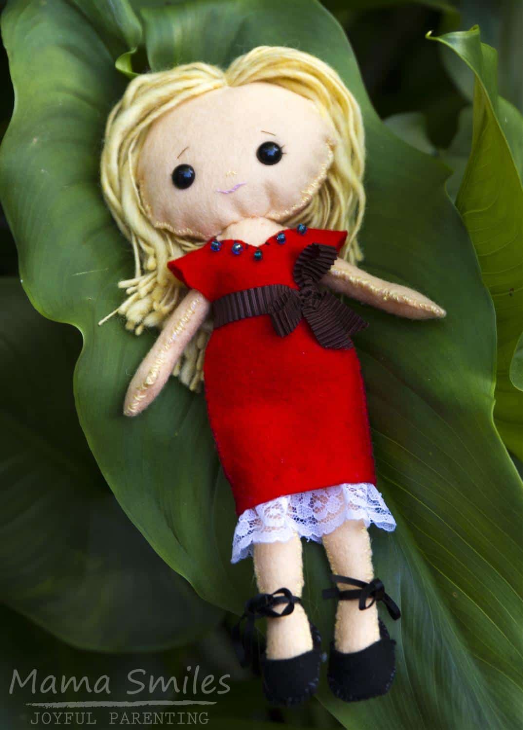 Felt doll sewn by a six-year-old using the pattern and instructions in "My Felt Doll".