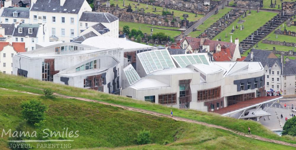 The Scottish Parliament, as viewed from the top of Arthur's Seat