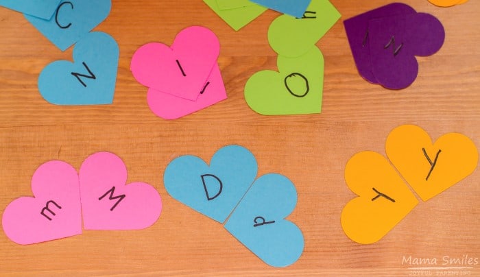 A simple heart-shaped matching game to teach kids letters, numbers, shapes, and more.