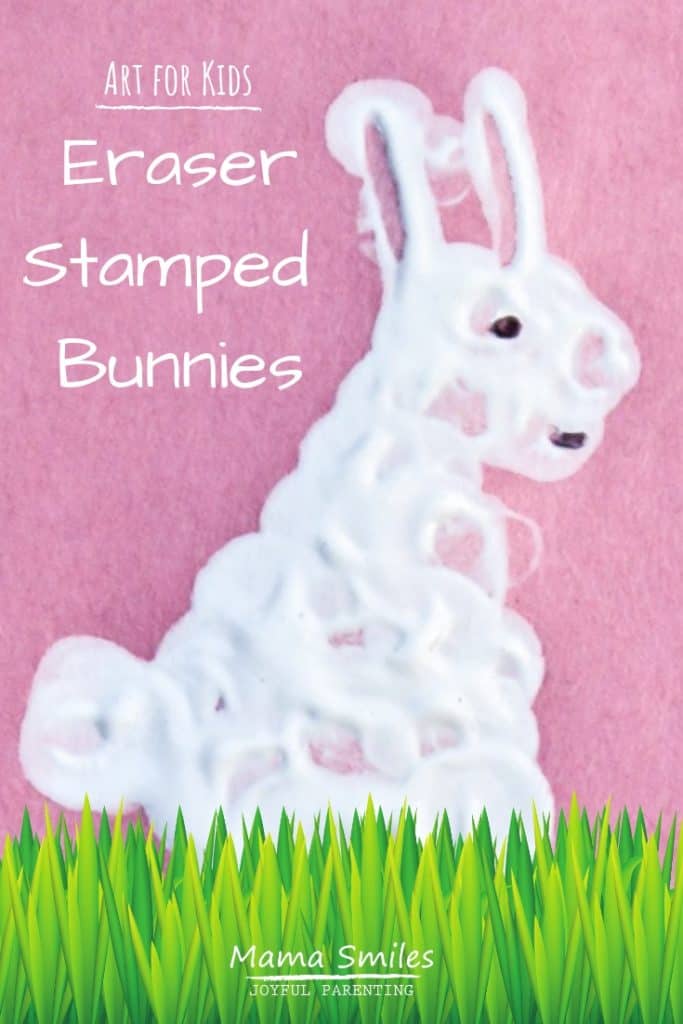 These eraser stamped bunnies make a quick and easy craft for kids. The post includes more fun spring and Easter crafts for kids, as well! #spring #easter #kidsactivities