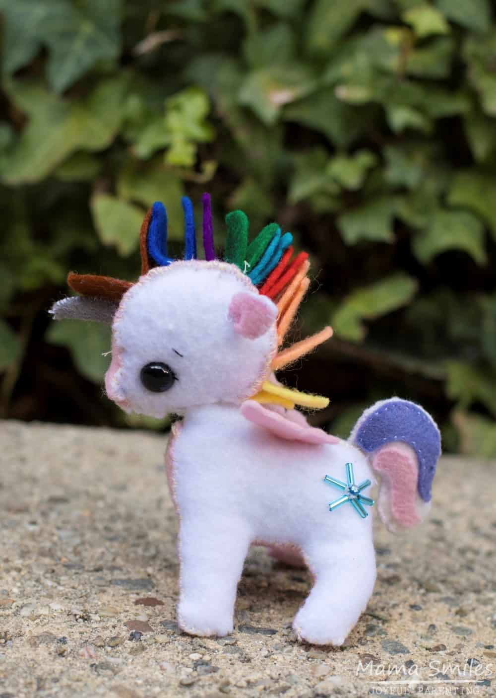 Adorable felt unicorn sewn by an eight-year-old