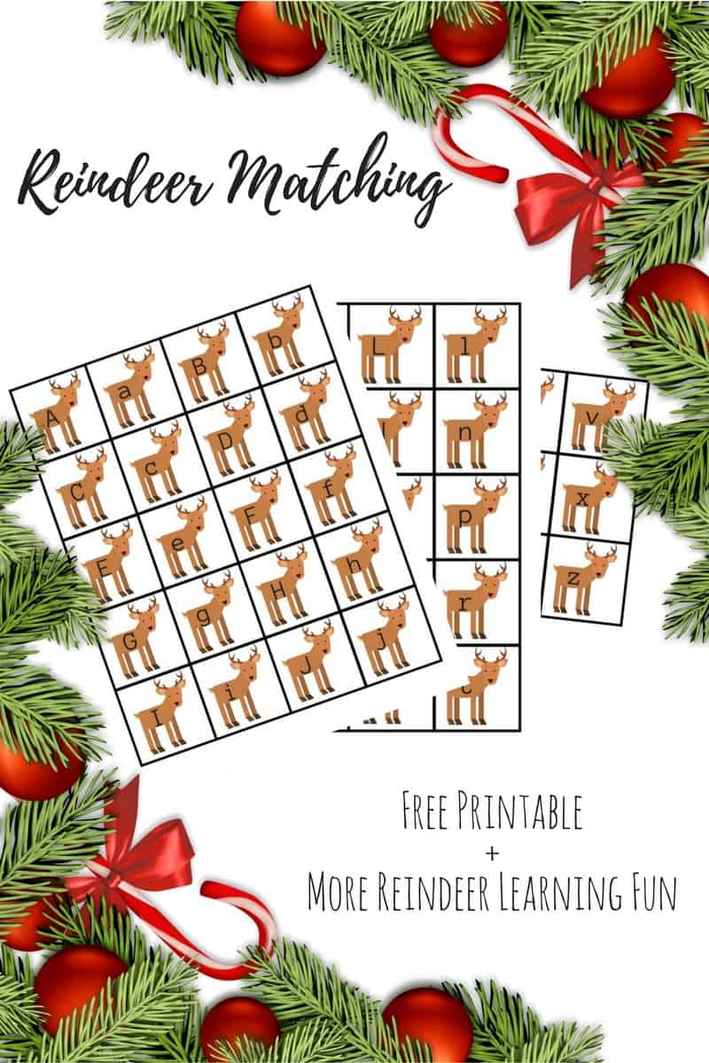 Practice the letters of the alphabet with this matching upper and lowercase reindeer letter matching game. More reindeer themed learning fun for kids linked in the post. #christmas #literacy #ece #kidsactivities #freeprintable #homeschool