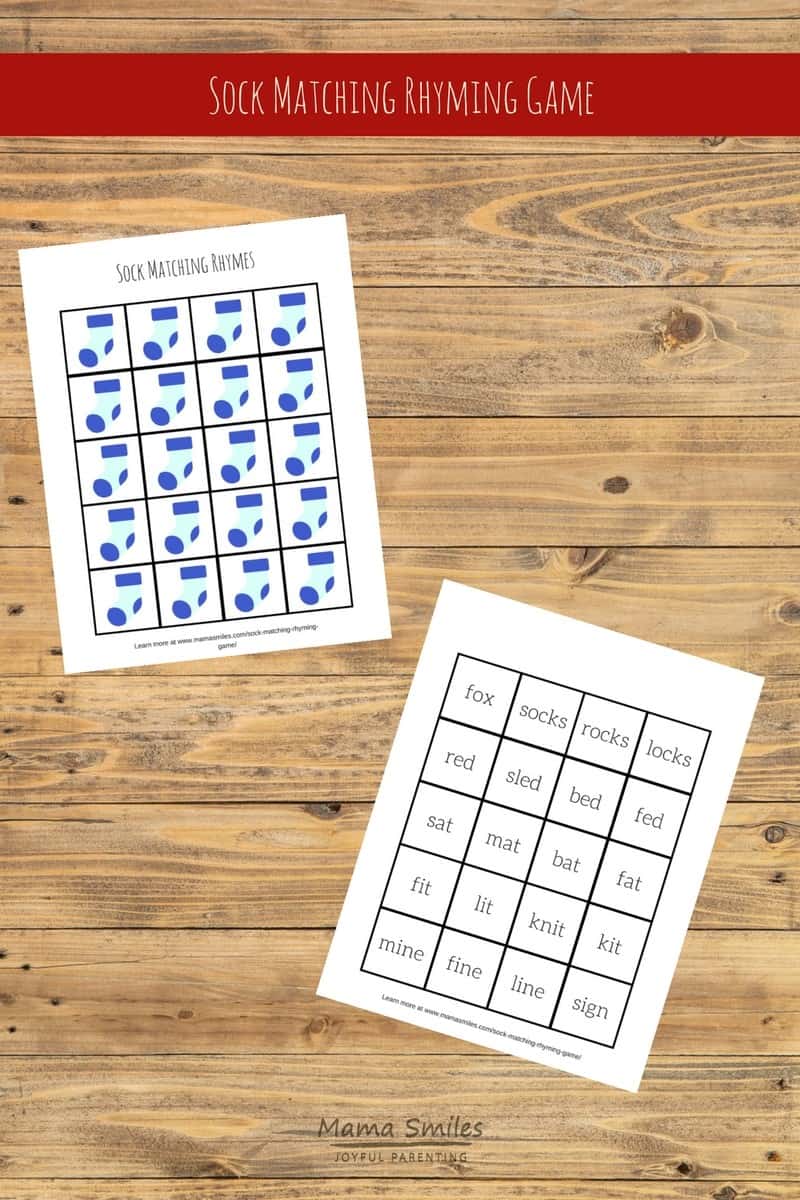 This sock matching rhyming game makes a fun introduction to rhyming for young readers. Printable includes cards you can customize with your own rhymes. #rhyming #literacy #ece #vbcforkids #freeprintable