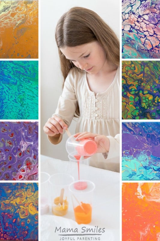 Acrylic pour painting techniques tutorial. I especially like the details on how to make this amazing art project work with a bunch of kids! #kidsasctivities #paint #paintpour #artisawesome #art #artforkids