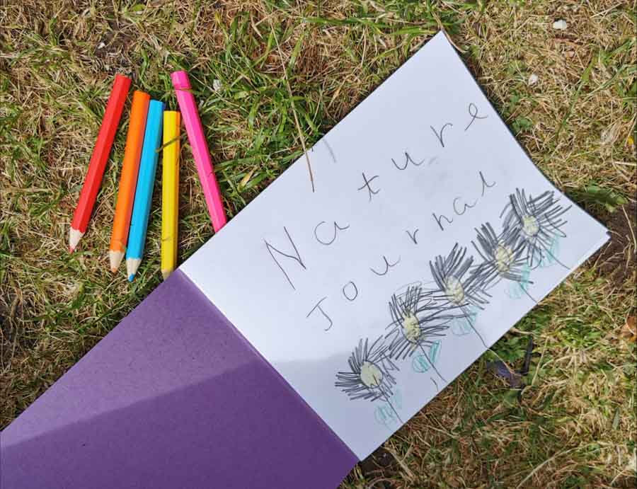 Child's nature journal and crayons on grass