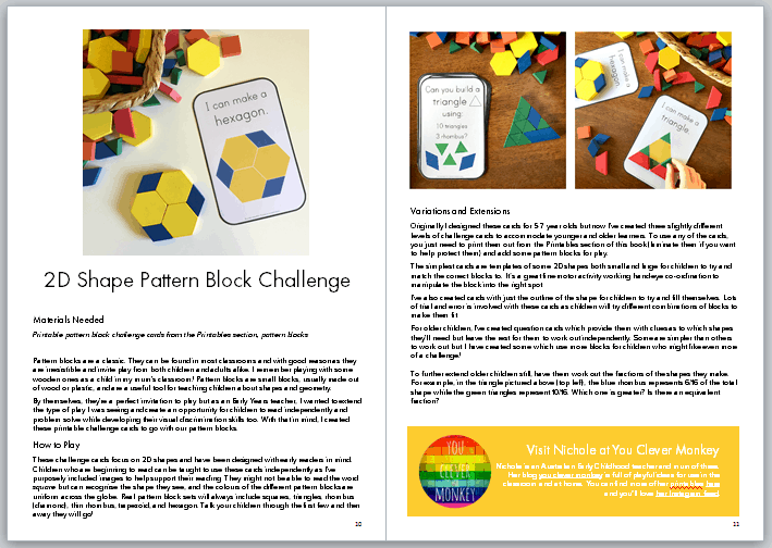 Pattern block challenge sample page from the activity book Up!