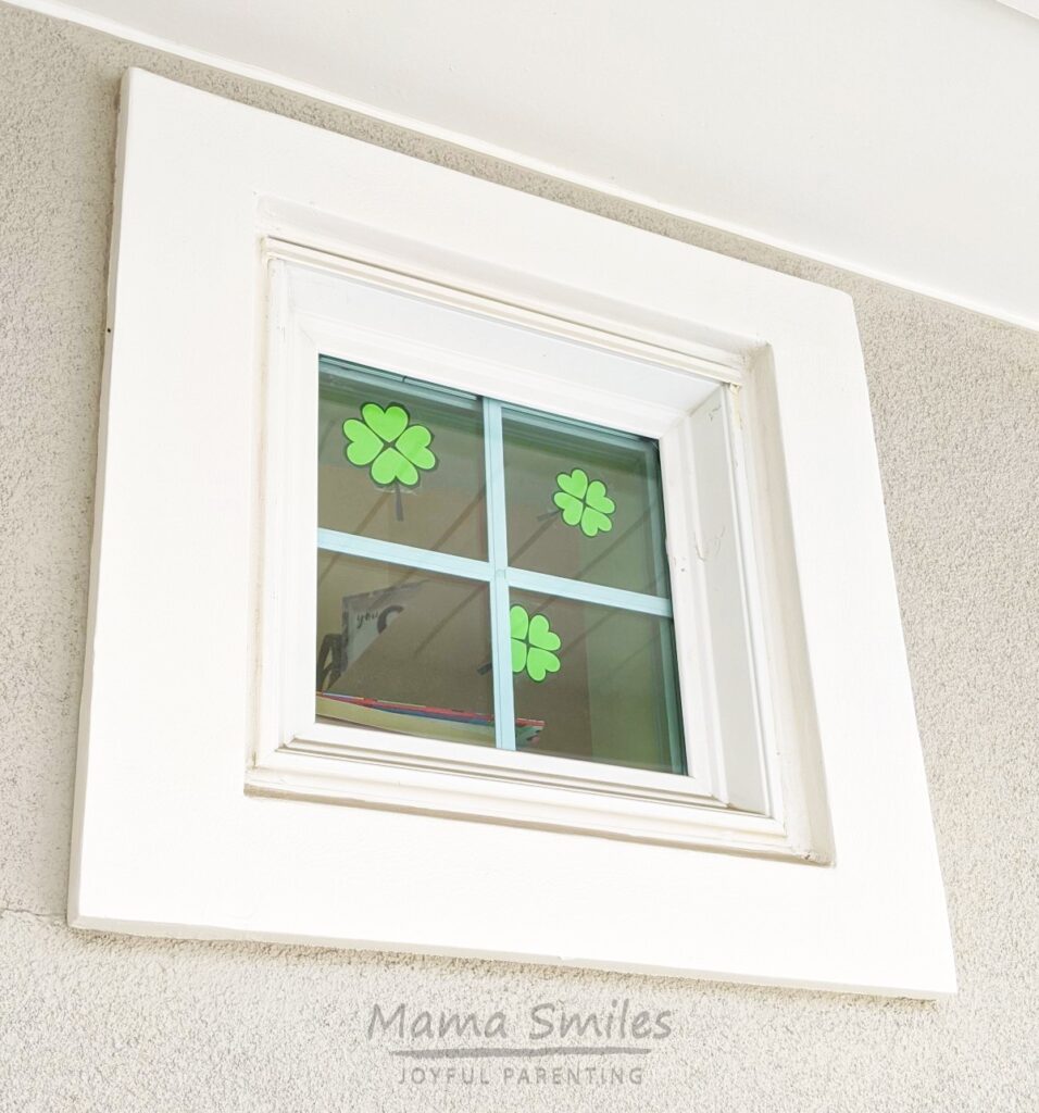This year we printed out the three shamrock page and hung it in our window. We sent it on to our neighbors, and soon our entire neighborhood was a four leaf clover hunt!